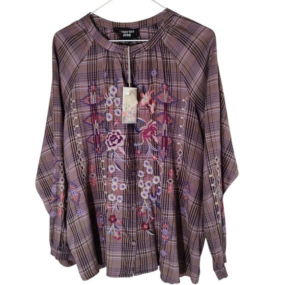 Johnny Was Workshop Shirt Plaid Curacao Raglan Poet Boho Chic Womens Medium - Picture 1 of 11